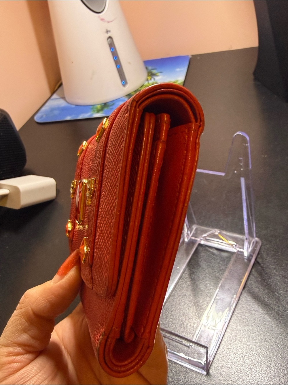 MCM Red Textured Leather Logo Plaque Wallet - Picture 4 of 12